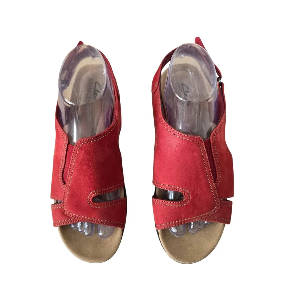 Clarks Collection Womens Red Leather Slingback Wedge Sandals Size 8 M
